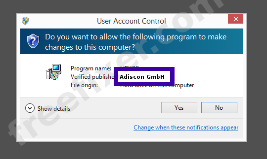 Screenshot where Adiscon GmbH appears as the verified publisher in the UAC dialog